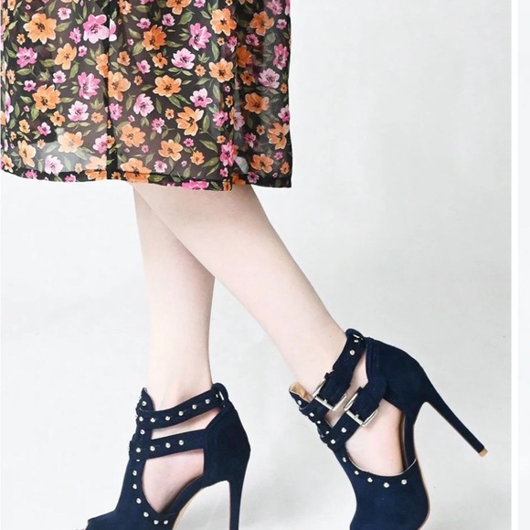 XYD Navy Peep-Toe High Heels with Buckle Detail - Picture 4 of 8